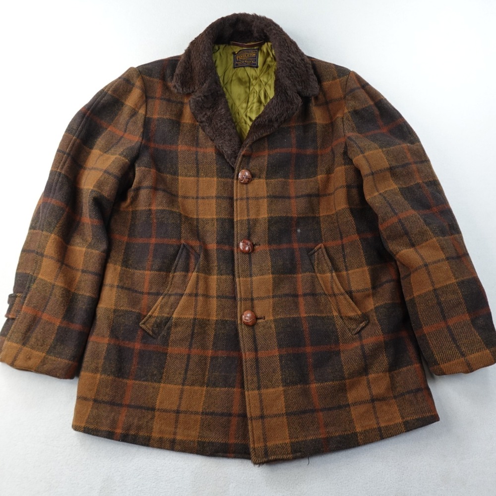 Vintage Pendleton Jacket Mens XL Brown Plaid Wool Sherpa Collar USA 50s 60s